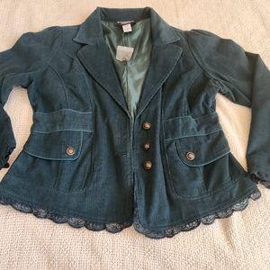 The Pyramid Collection Teal Corduroy Blazer with Lace Trim